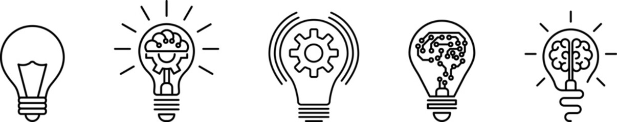 Innovation symbol icon set. Light bulb and cog, brain inside. Light Bulb line icon vector, isolated on white background. Idea sign. Inspiration icon vector illustration.