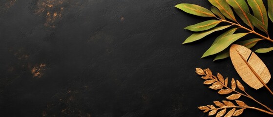 Elegant Floral Arrangement with Green and Gold Leaves on Black Textured Surface