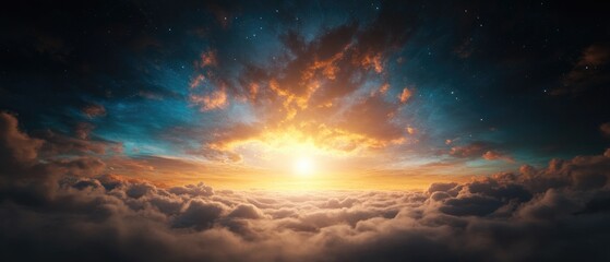 Fototapeta premium ** Majestic Sunset Above Clouds with Fiery Sky and Distant Stars