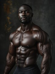 Fototapeta premium Strong black athlete, muscular man, African American bodybuilder. Athletic male torso, waist-length portrait. Generative ai