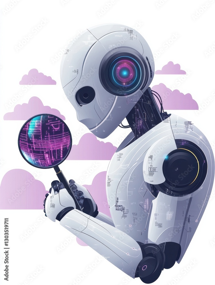 Poster robot studying cloud technology through magnifier. artificial intelligence, machine learning, cloud 