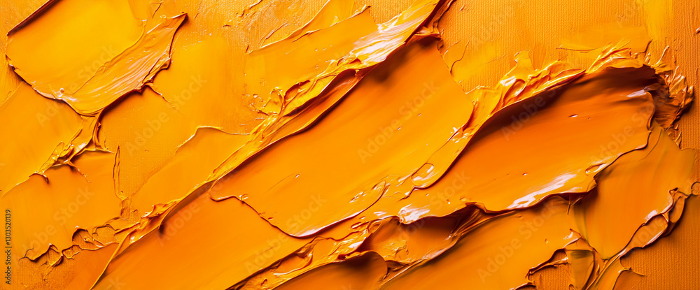 Poster close-up of vibrant orange paint on canvas with smooth texture and flowing brushstrokes, symbolizing