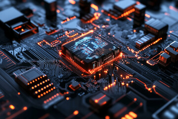 Fototapeta premium Electronic circuit board, digital background perfect for tech processes, neural networks, artificial intelligence, data transfer and encryption