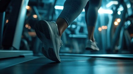 Fototapeta premium Woman running on treadmill in gym. Legs, sneakers. Blurred lights background