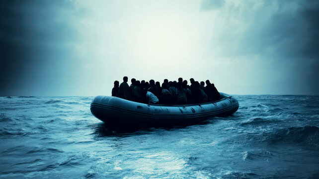 Group of illegal migrants or refugees crossing sea, escaping dangers of their country and risking their life