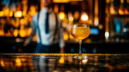 Citrus cocktail in goblet glass on bar counter, bartender in blurred background