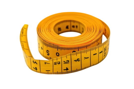 Yellow measuring tape coiled on a white surface, featuring clear markings for accuracy isolated on transparent background