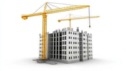 Construction site, cranes, apartment building under construction, 3D model, illustration, for architectural purposes