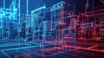 Power grid system, futuristic electrical blueprint design, 3D illustration