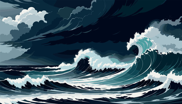 Dark stormy ocean waves crashing under dramatic clouds