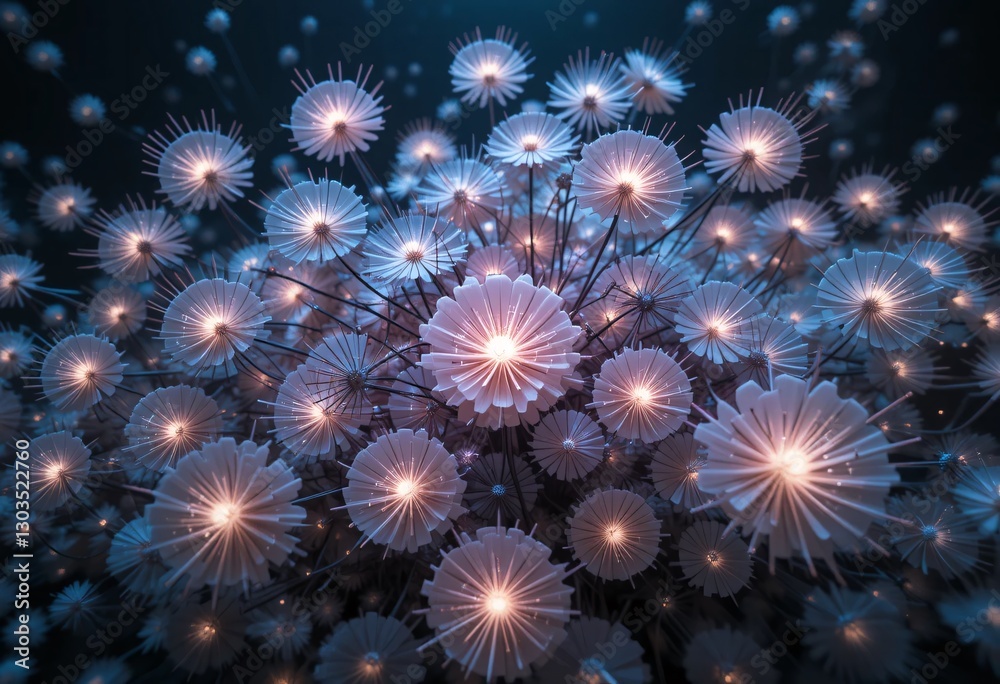 Poster enchanting garden. glowing flowers in soft whites and lilacs. luminescent centers. dreamy compositio