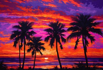 vibrant palm trees silhouetted tranquil sunset sky filled colorful hues purple, orange, pink, clouds, colors, dusk, horizon, landscape, nature, evening