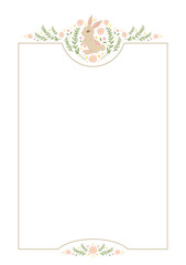 Cute adorable floral flower bunny border frame background decorated in beautiful vintage art nouveau victorian design style for birthday invitation, cards, book page, prints, cover, flyer, etc