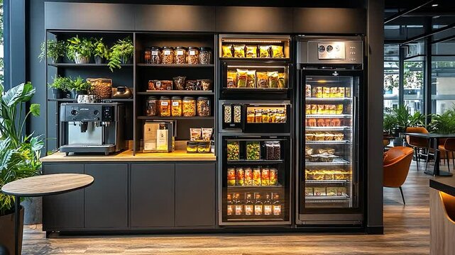 Modern Office Pantry with Smart Refrigerators and Snacks