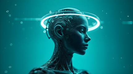 Futuristic Teal Female Cyborg with Glowing Halo - Sci-Fi AI Digital Art