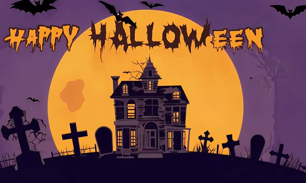 A spooky cartoon illustration depicting a haunted house, bats, and a full moon for Halloween.
