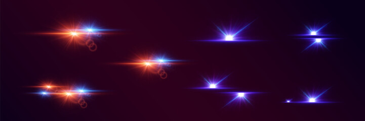 Collection of neon highlights and flares, star explosion, light lines.