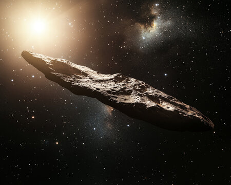 A close-up view of an interstellar object resembling an asteroid or comet floating through space, symbolizing cosmic phenomena, space exploration, and the mysteries of the universe.