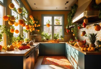 vibrant kitchen scene featuring floating fruits colorful array fresh produce culinary elements, apples, oranges, bananas, grapes, lemons, berries, pears