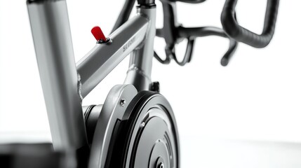 Stationary bike detail flywheel, frame, adjusters. Indoor studio setting against plain background
