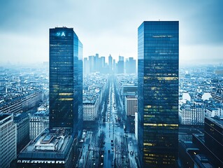 Obraz premium Skyscrapers overlooking a city road with buildings in the background