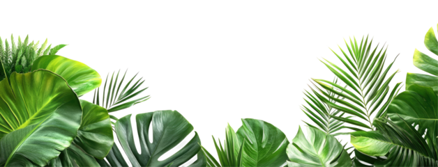 Lush green tropical leaves framing a serene outdoor setting with soft sunlight filtering through, green tropical plants