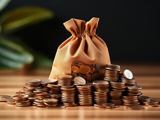 A collection of coins stacked around a burlap money bag, creating a thematic representation of wealth and savings on a wooden surface.