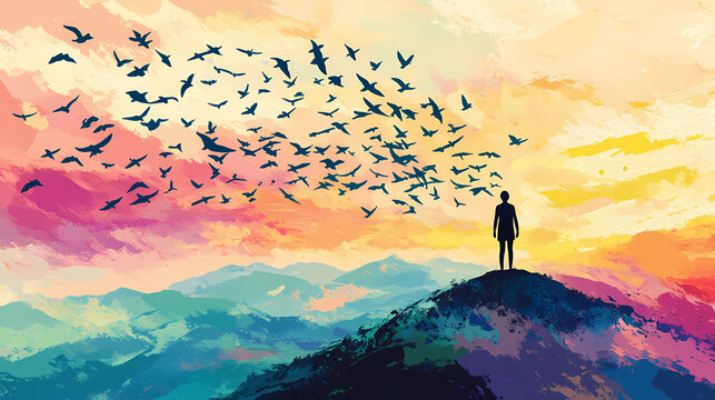 A person standing on a hilltop with a vast, colorful landscape below, symbolizing the limitless possibilities of an abundance mindset. Freedom - Birds. Illustration