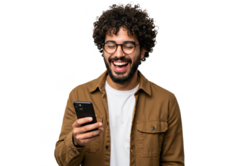 A young man with curly hair a beard and glasses wearing a brown jacket isolated on transparent background