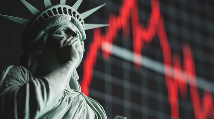 Stressed Liberty: A stock market crash is visualized with a statue covering its mouth in shock, indicating silent concern. The red graph line is plummeting.