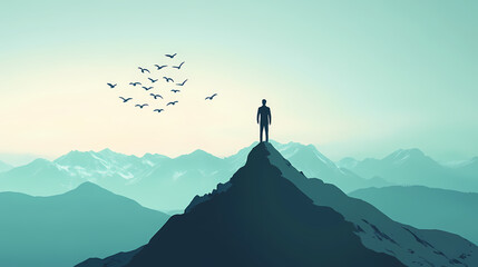 businessman heroic pose atop mountain