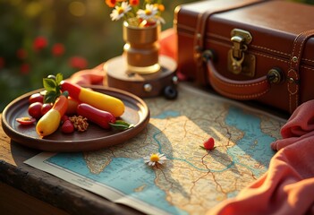 stylish practical flat lay featuring romantic road trip essentials including travel gear, adventure, backpack, blanket, bottle, camera, chargers, compass