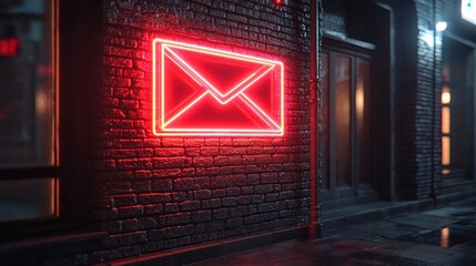 Neon email sign on brick wall at night