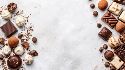 Assorted chocolates and confections arranged on a light surface showcasing various textures and shapes