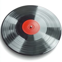 A top view of a black vinyl record with a central red label, showcasing a glossy finish against a white background.