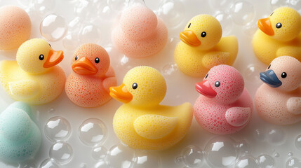 Detailed close-up of colorful rubber duckies and soap bubbles on a white background.