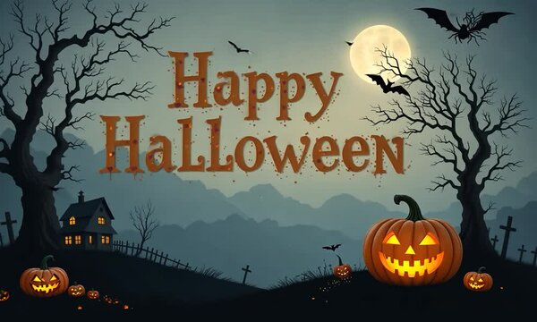 Happy Halloween Text with Pumpkin, Bat, Tree, House and Spider Background. 4k