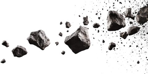 Flying asteroid pieces with rocky surface on transparent background