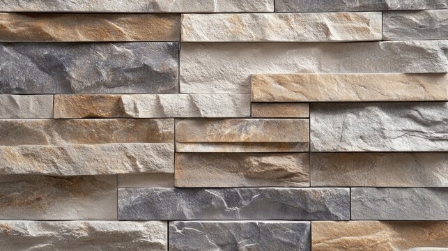 Stone wall with varied colors and textured surface, close-up shot of natural architectural element backdrop