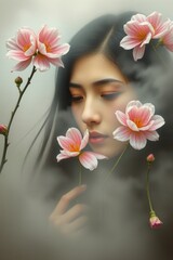 Serene woman surrounded by delicate pink flowers, creating a soft and dreamy atmosphere in the portrait.