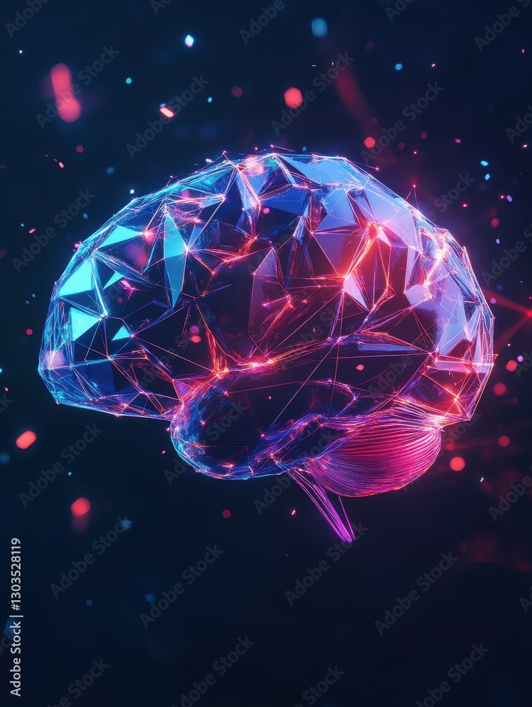 Poster minimalist low poly geometric brain model rendered in 3d with neon accents floating against a dark m