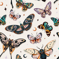 Seamless vector pattern of butterflies and moths, featuring starry elements on a light beige background