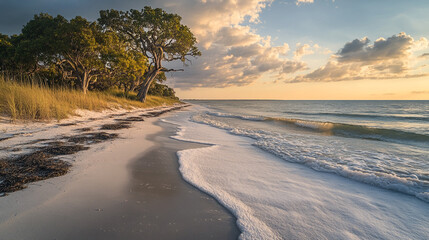 Serene sunset beach scene with gentle waves and lush trees sky sand calm blue ocean coast shore water