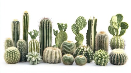 Cactus collection displayed on white. Arid plants, nature group, varied shapes, isolated