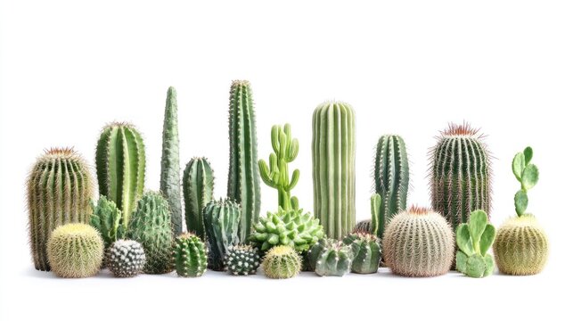 Group of Cacti Standing Together on White Surface, Isolated Plants Against Bright Background