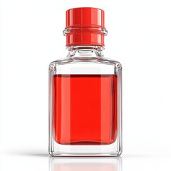 Clear glass bottle filled with vibrant red liquid and a red cap, set against a white background, showcasing the bottle's shape and contents.