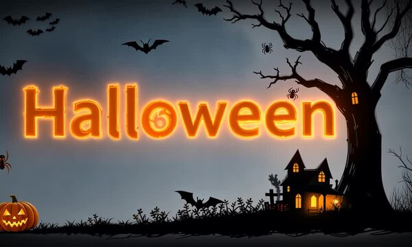 Happy Halloween Text with Pumpkin, Bat, Tree, House and Spider Background. 4k