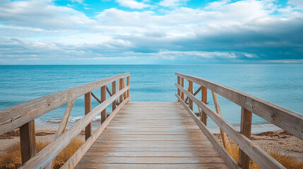 Obraz premium Serene wooden beach walkway leading to calm ocean under blue sky sea day path view sand pier water