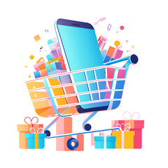 Colorful illustration of a shopping cart overflowing with gifts. A phone is placed upright in the cart, suggesting online shopping.