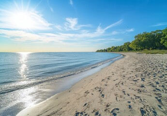Obraz premium Serene Beach Scene with Tranquil Water, Sandy Shoreline, and Lush Green Trees under a Bright Blue Sky and Sunlight Reflection on Calm Waters